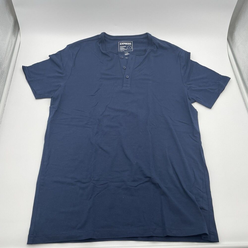 Express Slim Supersoft Mens Blue Henley Shirt Size L Stretch Moisture-Wicking